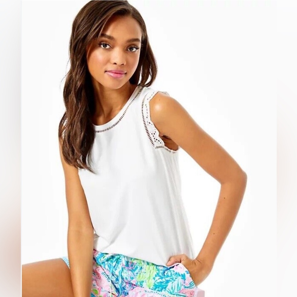 White Sleeveless Top with Lace Trim